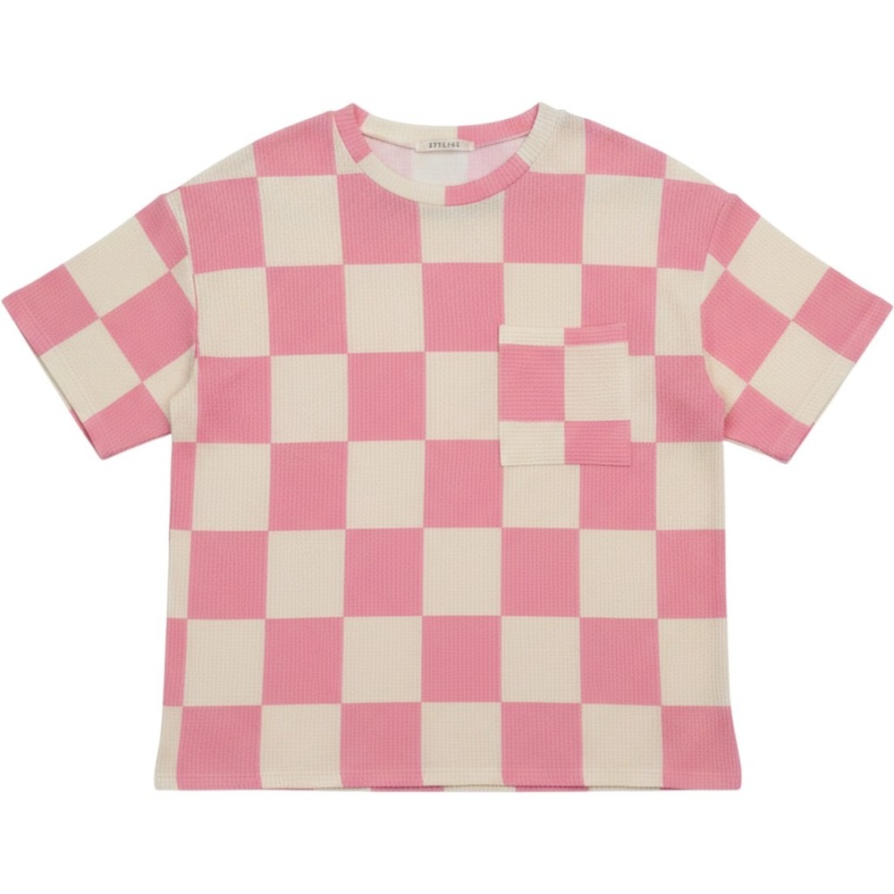 Stylist Pink Cream‎ Checkerboard Waffle Knit Short Sleeve Medium Top Tee